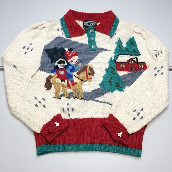 berek Sweaters - Vtg BEREK Christmas Tree Sz Small Christmas Tree, Horse, House Sweater Hand Knit